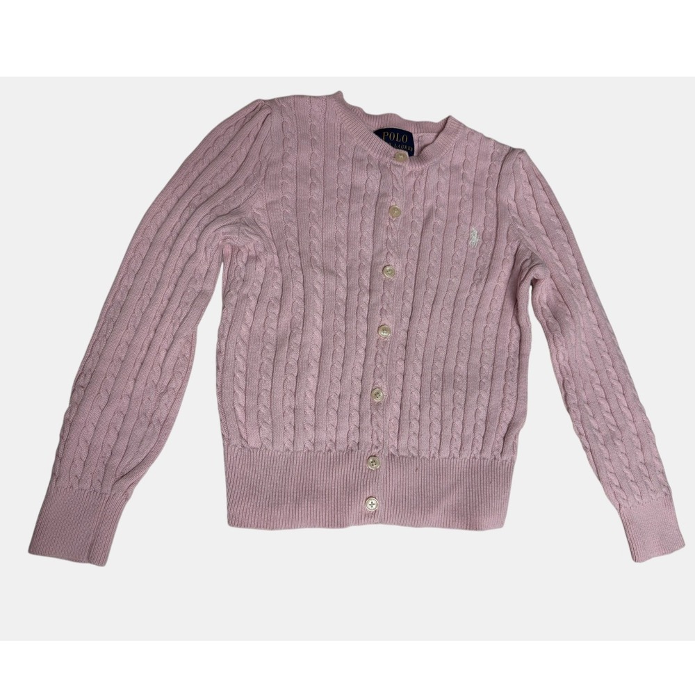 Polo Ralph Lauren Girls Cable Knit Cardigan Sweater Size 5 Pink Cotton Preppy